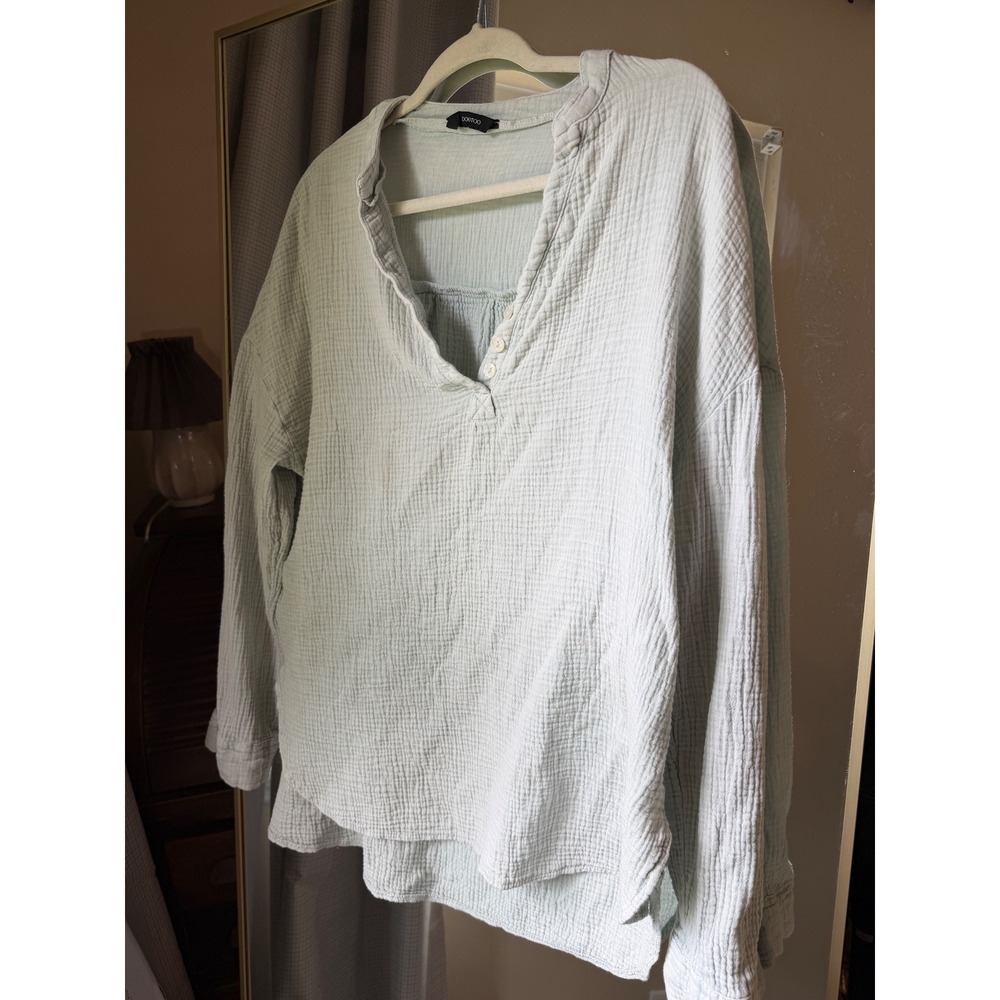 Dokotoo Womens Mint Green Cotton Gauze L Boho Peasant Blouse V Neck Long Sleeve